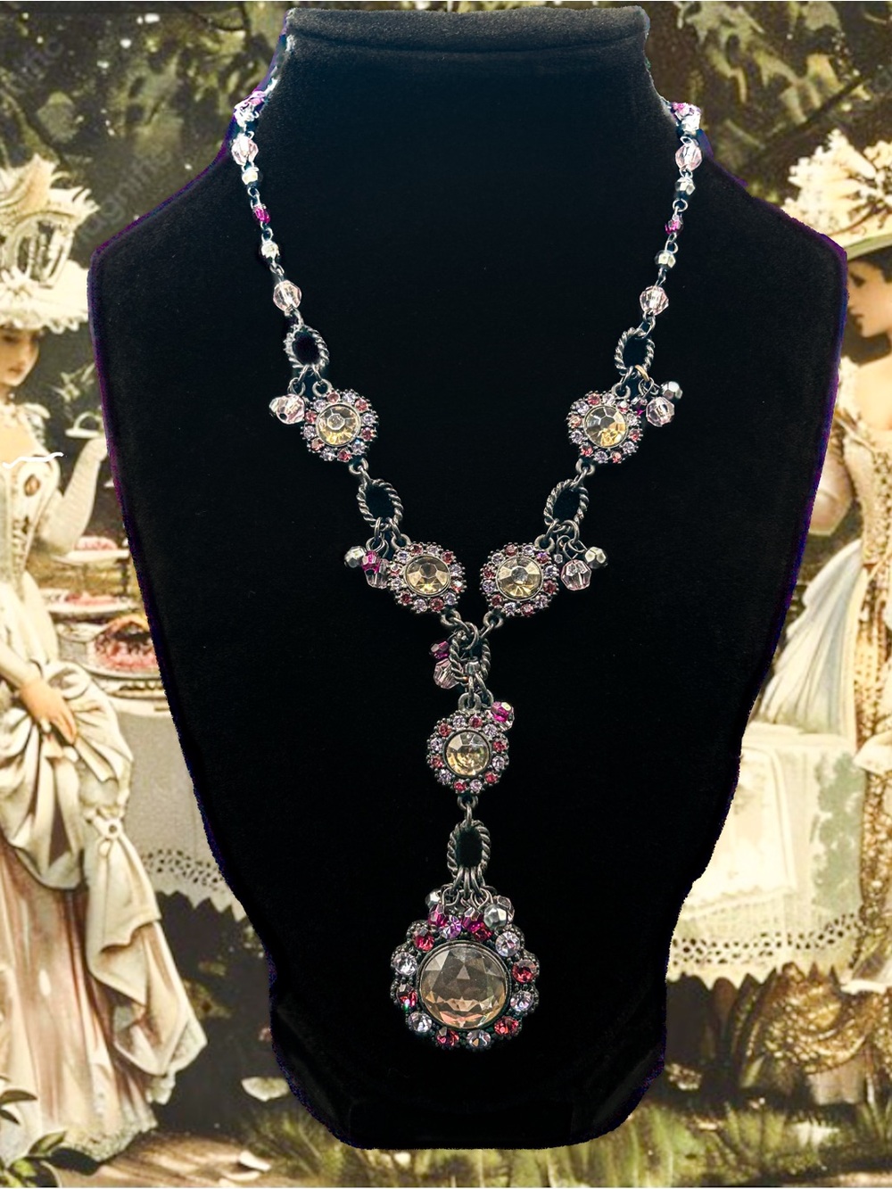 Elegant Victorian Revival Pink Crystal Y Drop Necklace